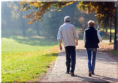 Seniors couple walking