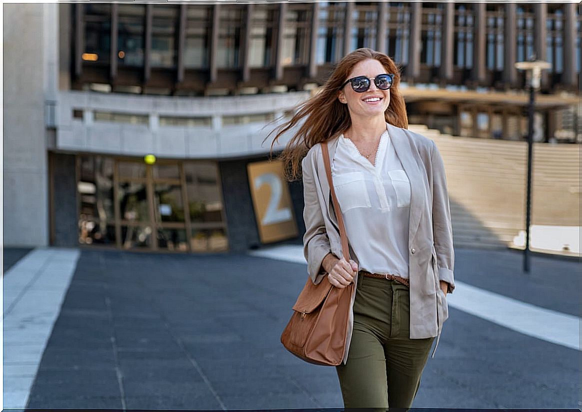 Woman leaving work