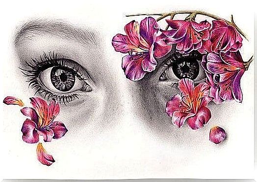 eyes with flowers that represent the docile gaze