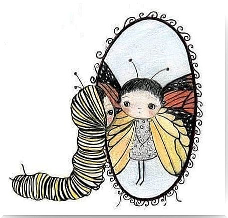 Worm girl looking at her butterfly reflection in a mirror